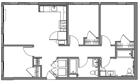 Floor plan for 3 beds, 2 baths, 1127 sqft